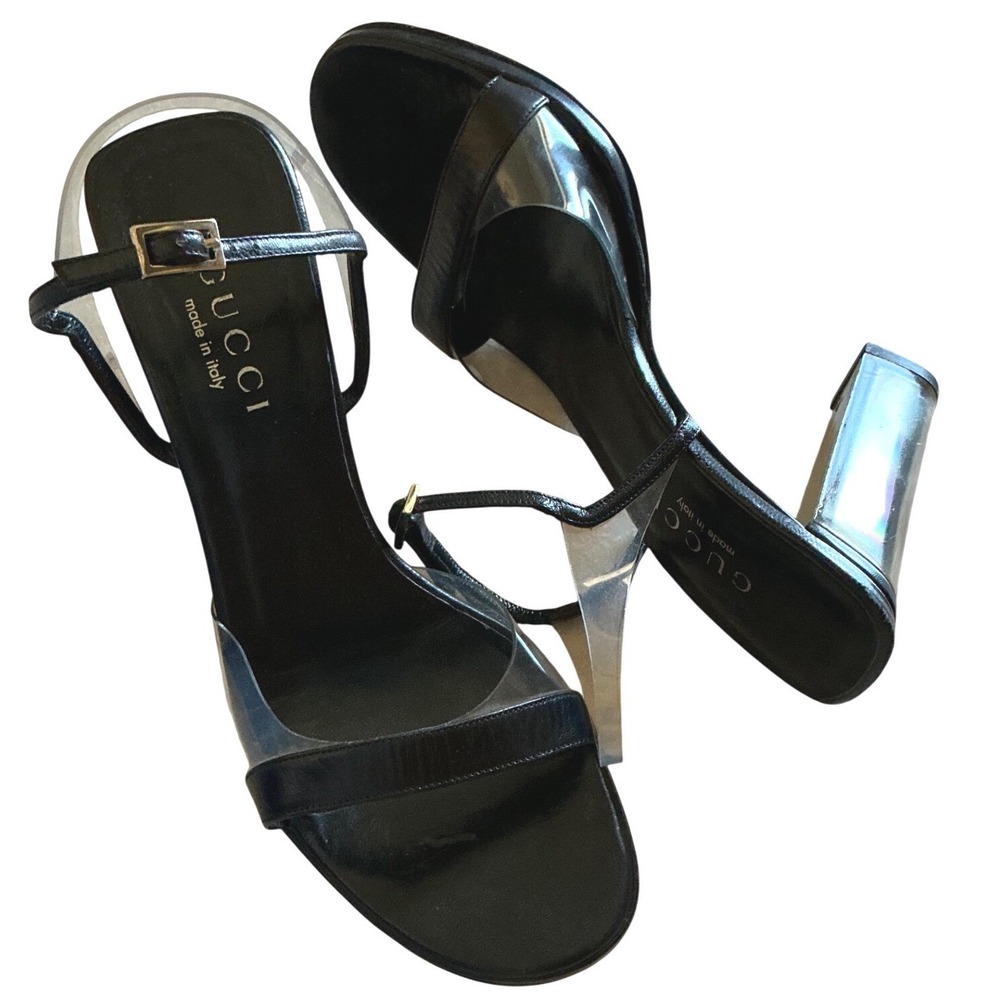 Gucci Black and Silver Strappy Block Heel Sandals